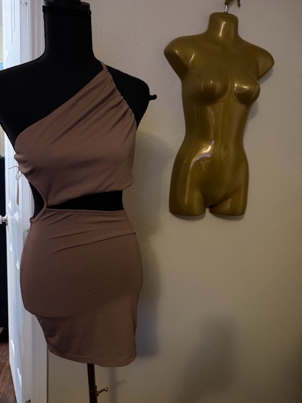 SHEIN One-Shoulder Cutout Bodycon Dress in Taupe